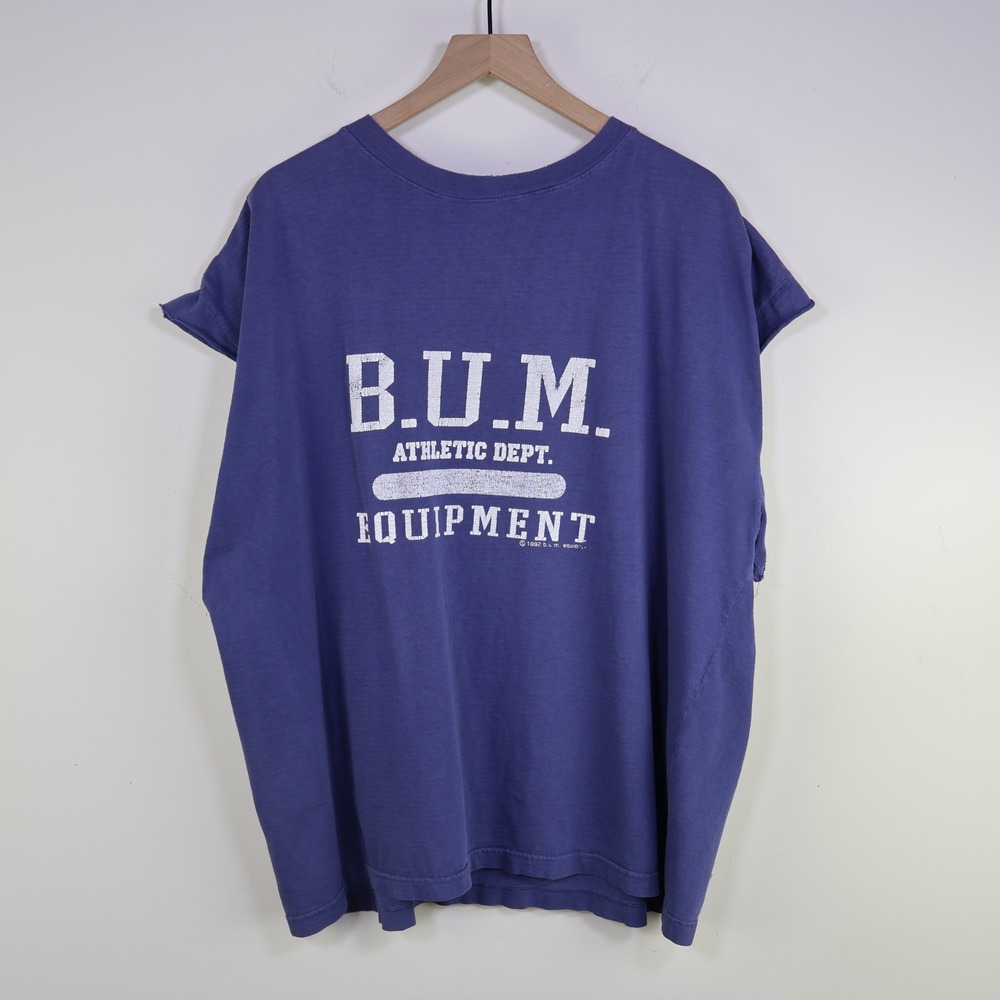 Vintage 1992 B.U.M. Equipment Athletic Dept Sleeveless T-Shirt Size Large Blue